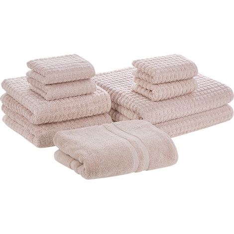 Juego de 9 toallas de baño y alfombrilla de baño de algodón rosa de low twist para invitados Atai