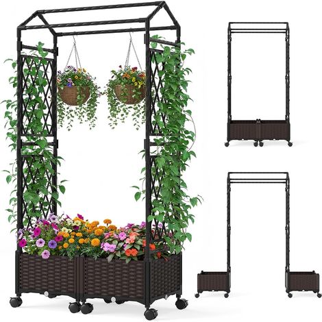 COSTWAY Fioriera Rialzata da Giardino con Grigliato, Tetto, Ruote Bloccabili e Irrigazione Automatica, Letto da Giardino Rialzato Alto in Rattan Impermeabile per Piante Rampicanti (Marrone) (1/5)