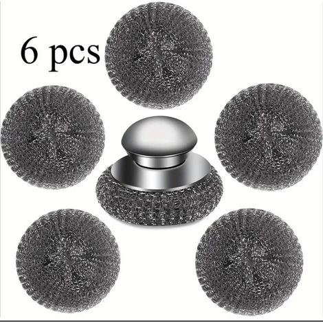 Brosse métallique à manche, 6 pièces en acier inoxydable pour nettoyer poêles, casseroles, four, gril, évier et taches tenaces (1 manche + 5 tampons) (1/4)