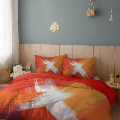 Housse De Couette - 200x200 cm - Microfibre Lavée - Motif Imprimé 3D Dégradé Orange - Avec 2 Taies Doreiller 65x65 cm (1/5)