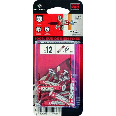 Lot De 12 Chevilles Et Vis Couleur Red Head, Diam.6 Mm X L.37 Mm