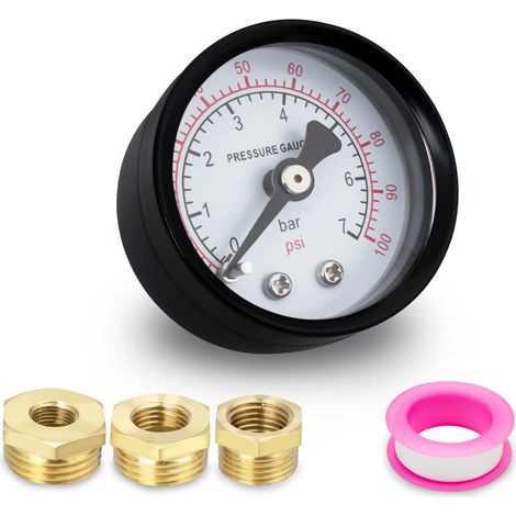 1 x 40mm BSP 1/8" 0-7 Bar 0100 PSI Well Pump Pressure Gauge with 3 Sockets from to 1/4", 3/8" and 1/2", One PT, Axial (1/5)