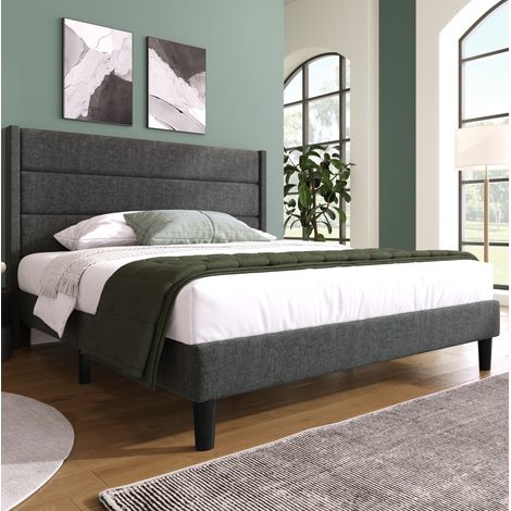 Cama tapizada moderna 140x200 cm con cabecero de paneles, somier de láminas y tapizado efecto lino gris oscuro (1/5)