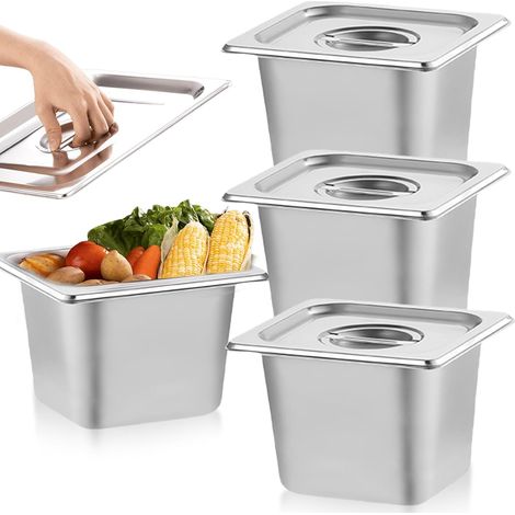 3 Pièces Bacs GN 1/6 en Inox avec Couvercle, Set de 3 Bacs Gastro Empilables Empilable Set à Panure 17,5 x 16,5 x 10 cm, Alimentaire, Résistant à la Chaleur, Idéal pour Panure, Cuisine (1/5)
