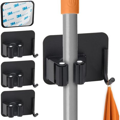 4 selbstklebende Werkzeughalter mit Bürstenhaken zur Wandmontage für Küche, Waschküche, Badezimmer, universelle Schnellmontagehalterung, schwarz (1/5)