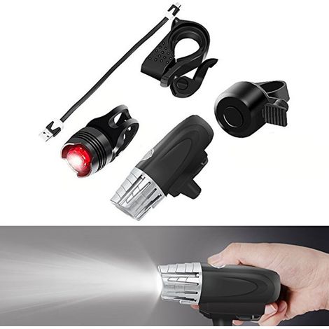Ensemble d'éclairage avant et arrière pour vélo avec sonnette, étanche, rechargeable par USB, idéal pour le VTT. (1/5)