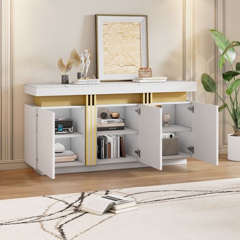 Credenza in truciolare bianco 140 x 38 x 70 cm, 3 ante, 6 vani con ripiani regolabili, piano effetto marmo (1/5)