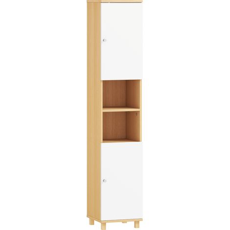 Mobile Colonna Bagno 30x30x166 cm con 2 Armadietti e Ripiani Aperti Bianco e Legno (1/5)