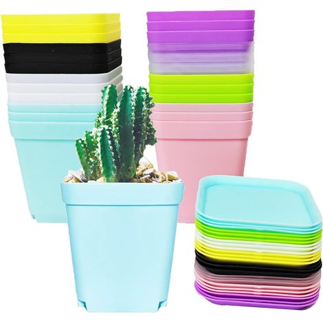 Lot de 24 pots de fleurs, carrés, multicolores, 7 cm, avec soucoupe, en plastique, pour fleurs, plantes succulentes, semis, jardin, bureau et balcon (1/5)