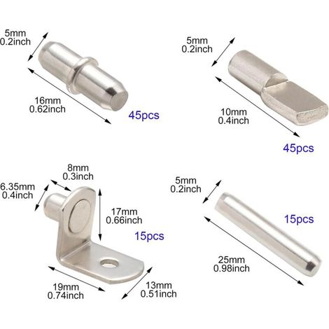 120 unidades de clavijas de soporte para estantes de 4 estilos diferentes, pasadores de soporte de metal para estantes, para armarios de cocina, librerías y muebles, 5 mm, 6 mm (1/3)