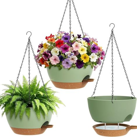 Hanging Plant Pots for Indoor and Outdoor with Drainage Holes and Removable Saucer, Hanging Flower Pots for Home Garden Balcony (3 Pack) (Green)