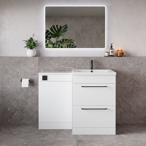 Napoli 460 Gloss White 1100mm 2 Drawer Vanity Unit Toilet Suite with Glide Basin - 1100mm - Matt Black 320mm HandleWithout Kingston Toilet Pan