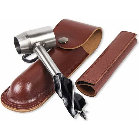 Tarière Manuelle avec Étui en Cuir Marron et Foret Argenté, Outil Bushcraft pour Bois, Camping et Plein Air (1/3)
