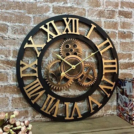 Horloge murale silencieuse 3D de style européen rétro et industriel. ornée d'engrenages. pour une décoration originale dans votre salon (30 cm). (1/3)