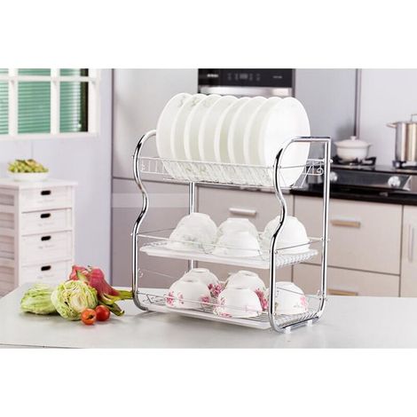 Égouttoir à Vaisselle à 3 Étages en Inox avec Porte Couverts, Support pour Planche à Découper ou Porte-gobelet, Plateau d'égouttage, Option 1