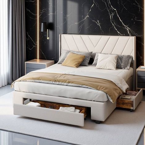 Cama de Adulto 160x200 con 3 Cajones con Ruedas, Beige y Cabecera Acolchada, Somier de Lamas de Tela de Lino, Estilo Moderno Retro (1/5)