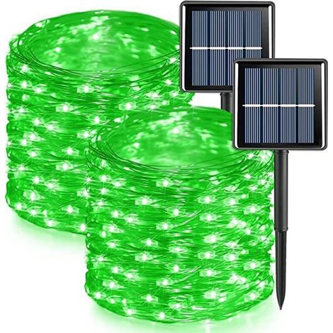 Lot de 2 guirlandes lumineuses solaires d'extérieur, fil de cuivre, étanches, 7 mètres par guirlande, 50 LED (lumière verte) (1/5)