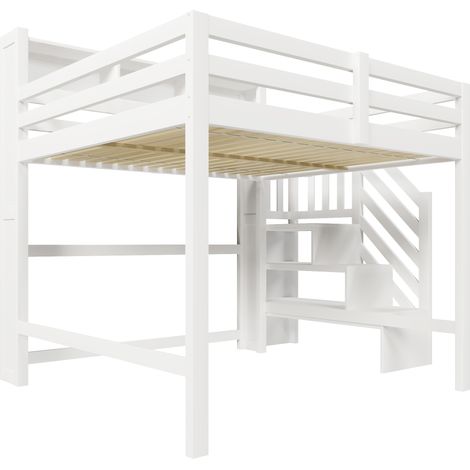 Cama alta 140x200 cm con LED, almacenaje integrado y escalera con almacenaje, blanca (1/5)