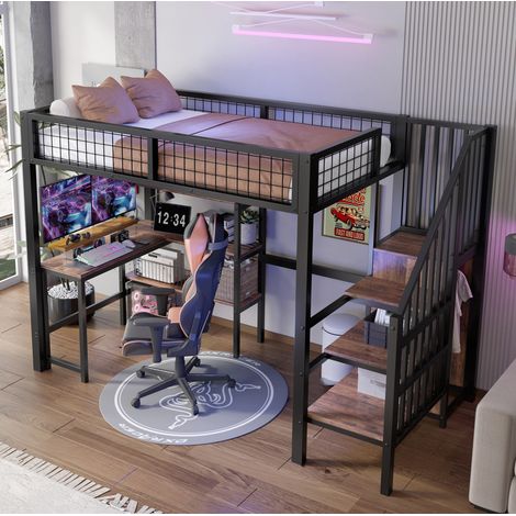 Cama alta 90x200 con escritorio, estantes y armario DESVIAE (1/5)