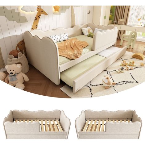 Lit gigogne 90x190, six roulettes avec freins, lit banquette ,cadre en fer, dossier en éponge épaissie,lin, beige (1/5)