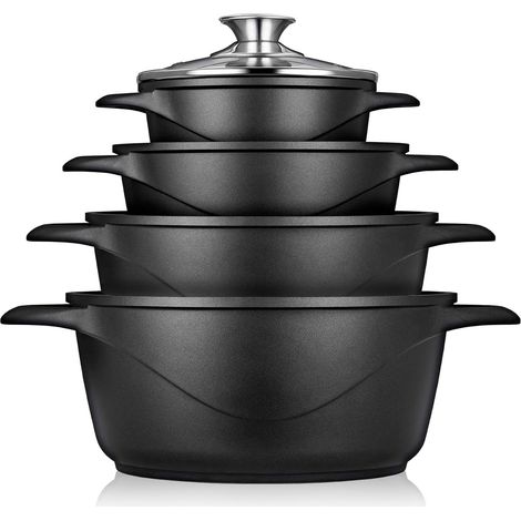 Briebe MGK-12 Batería de Cocina Inducción 8 Piezas Aluminio Fundido 4 Ollas con Tapa de Cristal Antiadherente  Negro