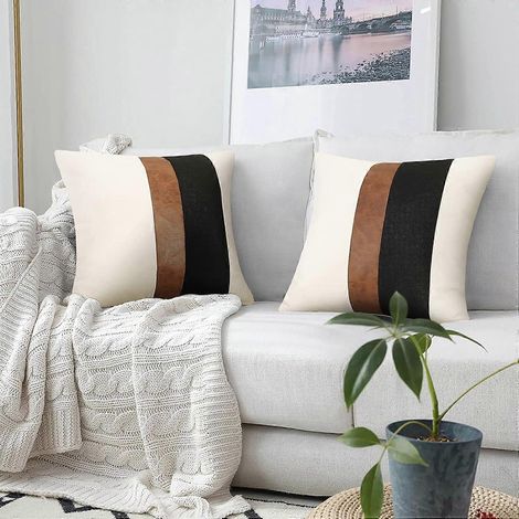 Housse de coussin décorative EternaNest en similicuir et lin noir et blanc, marron, carrée, style moderne, 45 x 45 cm (noir) (1/4)