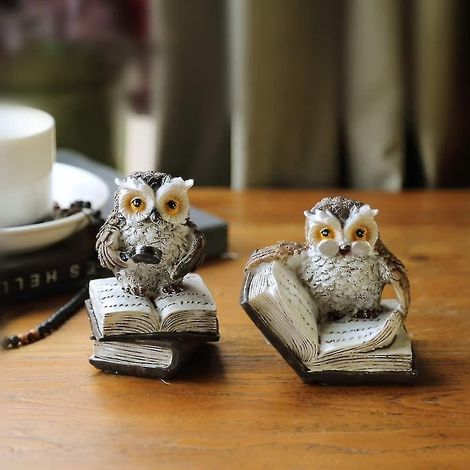 Lot de 2 statues de hiboux décoratives, figurine de hibou lisant un livre, adorable statuette artisanale pour la décoration de la maison, du bureau ou du salon, collection de sculptures animales sur l (1/3)