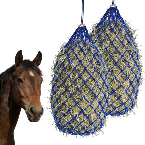 Lot de 2 filets à foin pour chevaux - 10 kg - Maille étroite - 10 x 10 cm - Sac à foin pour chevaux - Pour une alimentation adaptée aux espèces - Améliore la digestion - Bleu (1/5)