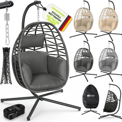 tillvex® Hängesessel mit Gestell Outdoor & wetterfester Abdeckung inkl. Befestigung  Hängekorb klappbar bis 150 kg  Hängesitz aus Rattan  Hängestuhl für Indoor Garten Balkon Terrasse (1/5)