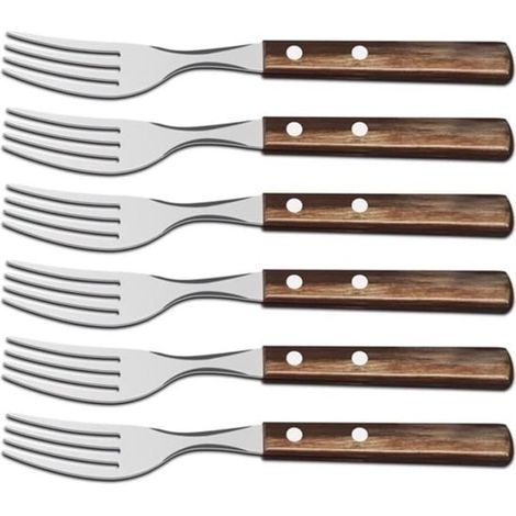 Juego de 6 tenedores para carne y pizza, de acero inoxidable con mango de madera marrón.