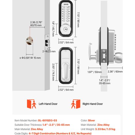 VEVOR Mechanical Keyless Entry Door Lock, 2.0 Code Upgrade, 4-7 Digits Code, Single-Sided Push Button Combination Mechanical Keypad Door Knob, Auto Locking, for Garden Gates, Indoor or Outdoor, Silver (1/4)