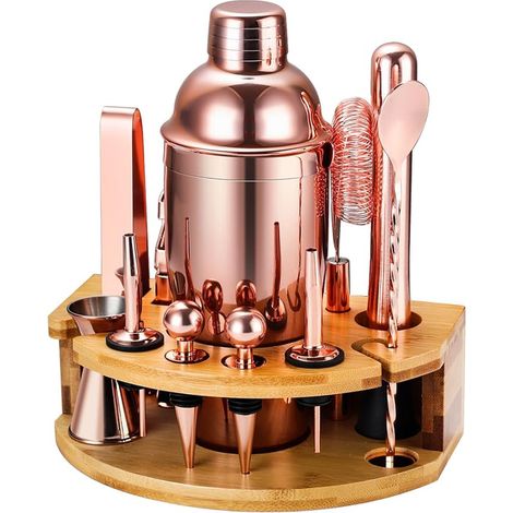 Kit Shaker à Cocktail avec Support, Kit Cocktail Pièces en Acier Inoxydable avec Shaker Cocktail de ML Pilon Verre Doseur Cocktail, Machine à Cocktail Set pour Bar à Domicile, Fête (Or Rose) (1/5)