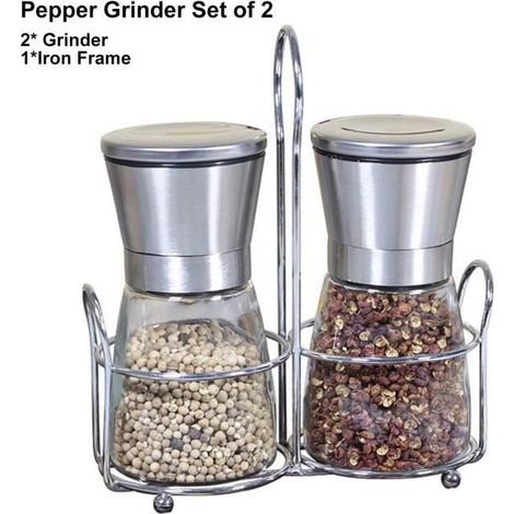 Set de 2 moulins de poivre, de sel, à épices avec couvercle acier inox et céramique, corps verre (1/4)