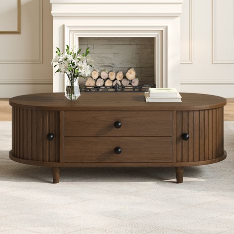 Table basse 100 x 50 x 36 cm, 2 tiroirs, portes à rideau, pieds en bois massif, MDF, charge 50 kg, rangement, noyer (1/5)