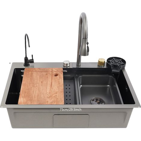 Fregadero de cocina de un solo seno, acero inoxidable 304 duradero, cuatro modos de salida. (1/2)
