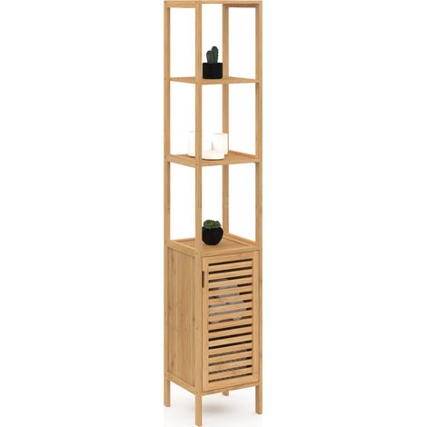 Idmarket – Meuble colonne salle de bain en bambou 1 porte – Dimensions 30x30x170 cm – 3 étagères ouvertes – Rangement compact et moderne