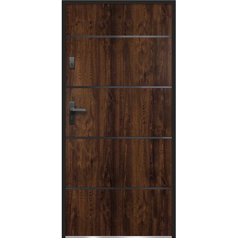 Porte d'entrée en acier pleine et inox H207 x L100 cm naturel foncé - épaisseur 55 mm - poussant droit - NAXARA (1/5)
