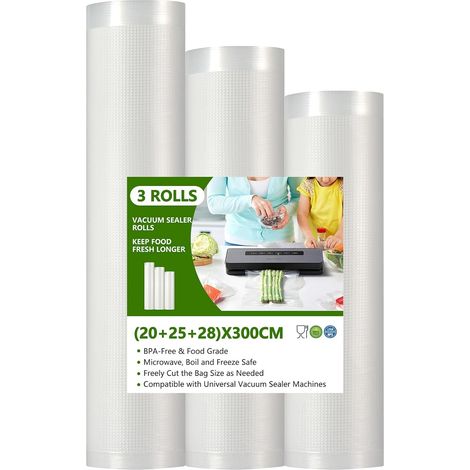 Rouleau Sac Sous Vide Alimentaire, 3 Packs 28/25/20 x 300cm Sac Sous Vide, Sachet Sous Vide Alimentaire, Convient à Tous Machine Sous Vide (1/5)