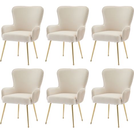 Lot de 6 chaises de salle à manger en velours beige avec accoudoirs et pieds métalliques réglables dorés (1/5)