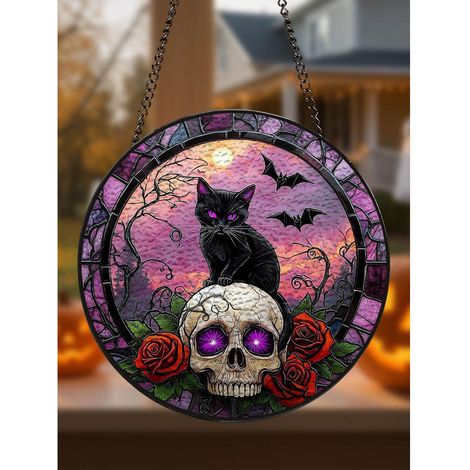 Attrape-soleil chat noir Halloween en vitrail, 20cm, suspension crâne et fleur (1/5)