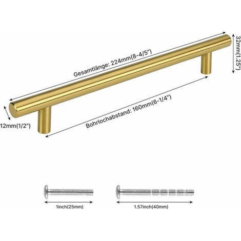 NALOOKAMIC  Lot de 2 Poignee Meuble Dorée Poignee de Meuble Cuisine Entraxe 160mm Poignée Dorée - Poignee Laiton Poignée Tiroir Laiton Poignee Cuisine en Acier Inoxydable