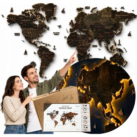 Carte du monde en bois 3D 181 x 100 cm, grande valise cadeau illuminée par LED (1/5)