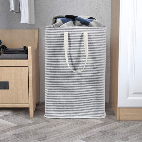 【Wäschekorb】 Grau gestreifter Signature-Baumwollkorb, groß (72 l, 30 x 40 x 60 cm, 400 g) – Faltbarer Wäschekorb mit 2 Griffen und wasserdichter Oberfläche (1/5)