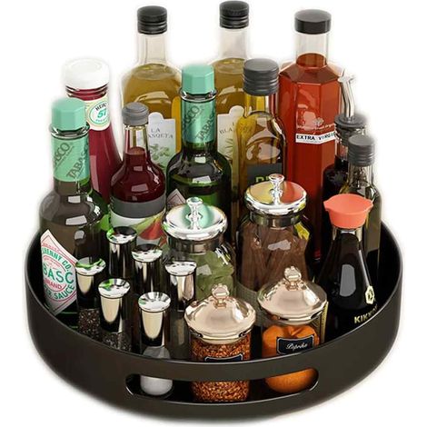 1 pièce Organisateur à épices rotatif, plateau tournant 30 cm, acier noir, idéal cuisine et bureau