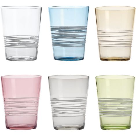Filante Set 6 Bicchieri Tumbler in Vetro Colorato Effetto Rigato con Filamenti Bianchi Applicati a Mano, Colori Assortiti Eleganti e Resistenti