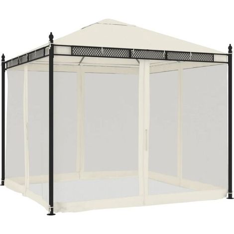 Un gazebo avec des côtés en maille beige, 2,93 x 2,93 mètres, en acier. (1/2)