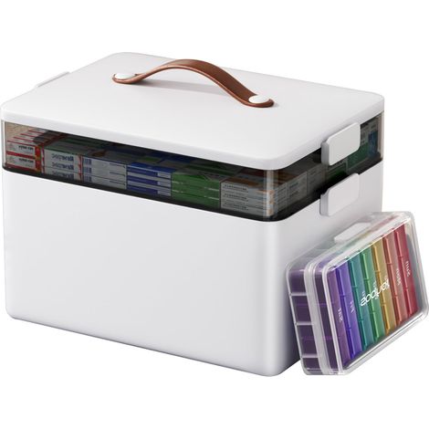 Boîte à pharmacie résistante à l'humidité de grande capacité, boîte de rangement avec poignée en cuir, adaptée à la coiffeuse, portable (deux couches) (1/5)