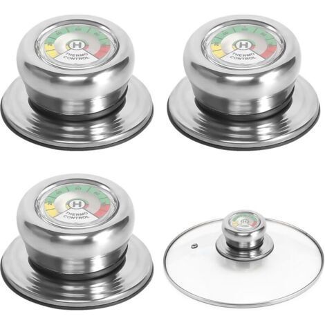 Boutons de couvercle de casserole (3 pièces, thermomètre, poignée en verre, boutons de couvercle de casserole, poignée de couvercle de casserole, bouton de couvercle de casserole pour poêle et cassero (1/4)