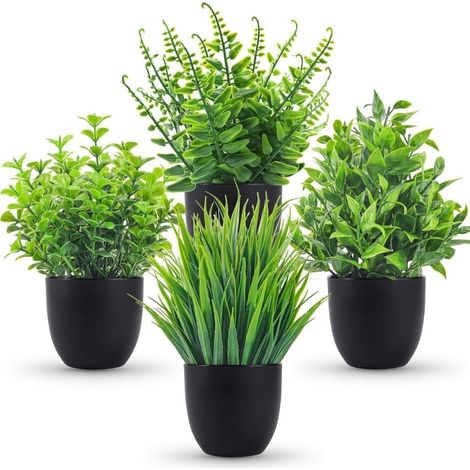 Lot de 4 plantes artificielles - Petites plantes factices en pot noir pour Halloween, salle de bain, maison, cuisine, table et décoration de bureau (1/4)