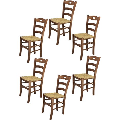Tommychairs - Set 6 sedie modello Savoie per cucina bar e sala da pranzo, robusta struttura in legno di faggio color noce chiaro e seduta in paglia (1/5)